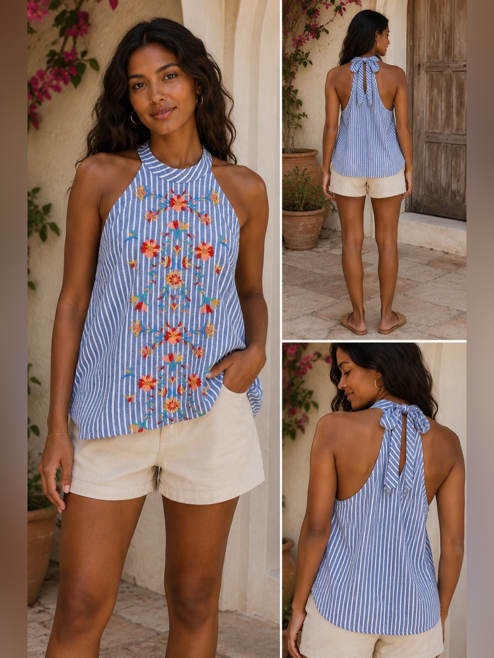 Savannah Jane Blue Striped Embroidered Halter Top Size Small
